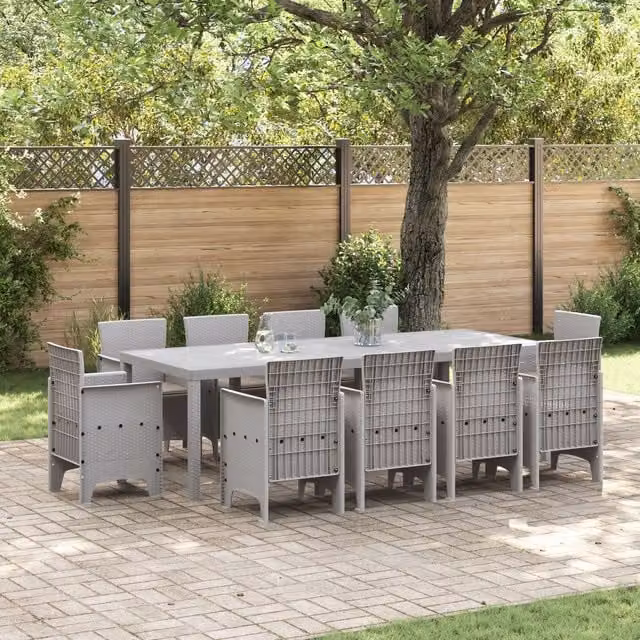 Berkfield Home 11 Piece Modern Poly Rattan Garden Dining Set with Light Grey Cushions