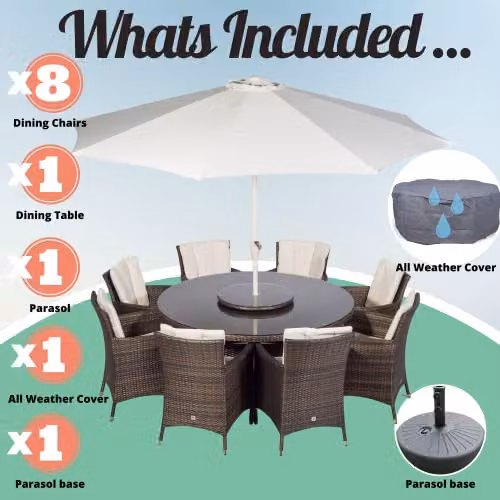 Giardino Savannah 8 Seater Rattan Garden Dining Set with Round Table, Chairs, Parasol and Cover, Brown – 3