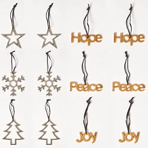 Homescapes Set of 12 Gold and Silver Metal Christmas Tree Hanging Ornaments with Star and Snowflake Designs
