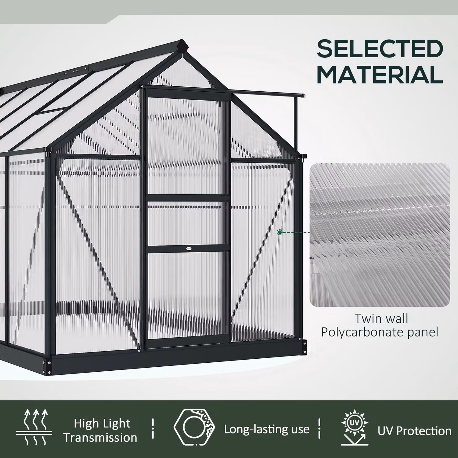 Outsunny Large Walk-In Greenhouse with Transparent Polycarbonate Panels and Aluminium Frame, W/D/H: 182.88 x 190.0 x 201.0 cm – 5