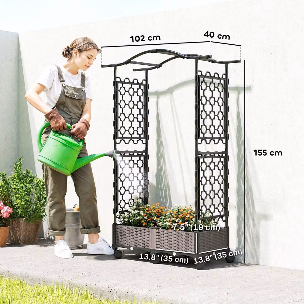 OUTSUNNY Raised Garden Bed with Arch Trellis in Black Plastic – 3