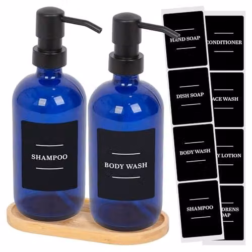Harbour Housewares 2 Piece Glass Soap Dispenser Set with Bamboo Tray and Labels, 500ml, Blue and Black – 1