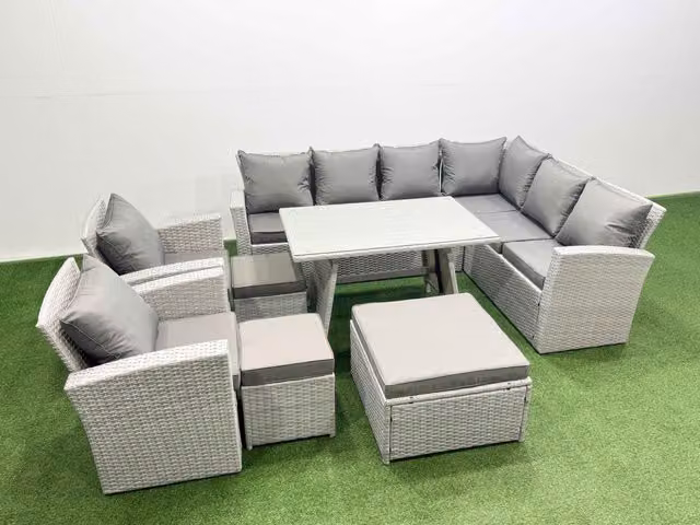 Fimous 11 Seater Rattan Garden Furniture Set with Corner Sofa in Light Grey