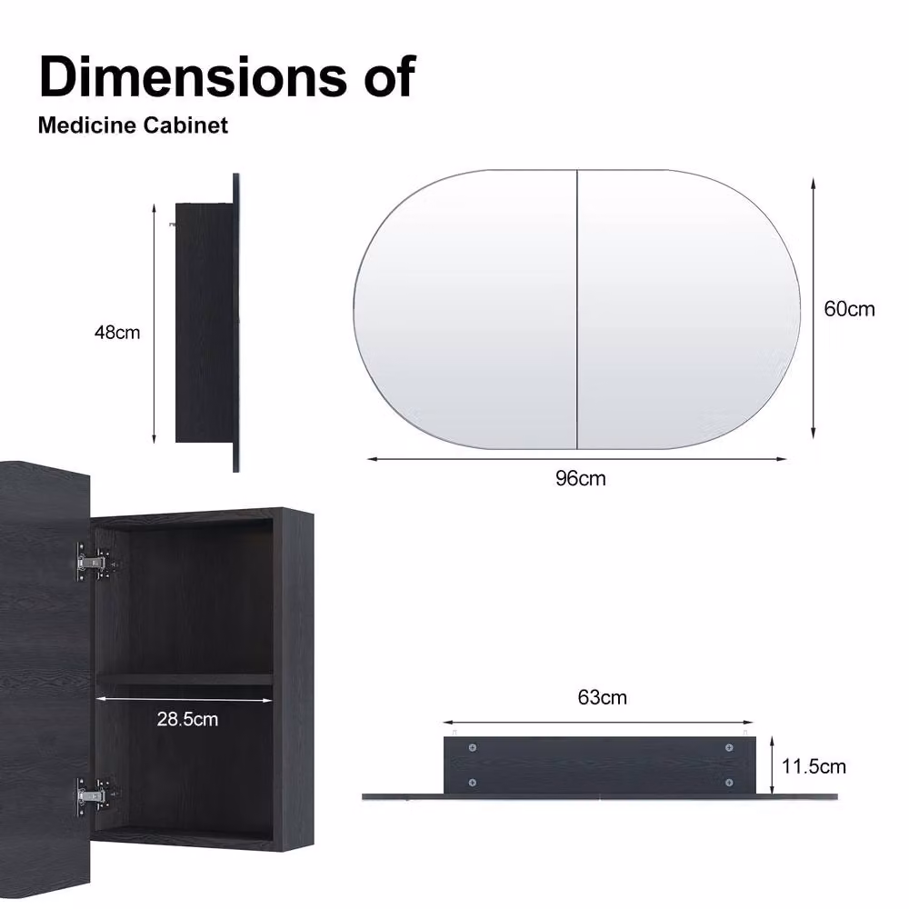 KEEPREAPER Modern Wall Mounted Black Bathroom Mirror Cabinet with Hinged Glass Doors and Internal Shelves – 5