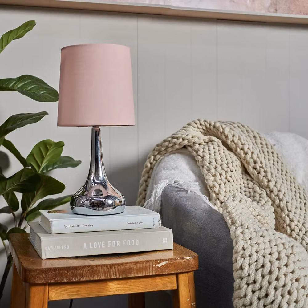 ValueLights Set of 2 Modern Teardrop Touch Table Lamps with Baby Pink Fabric Shades and Brushed Chrome Finish, Including Warm White LED Bulbs – 4
