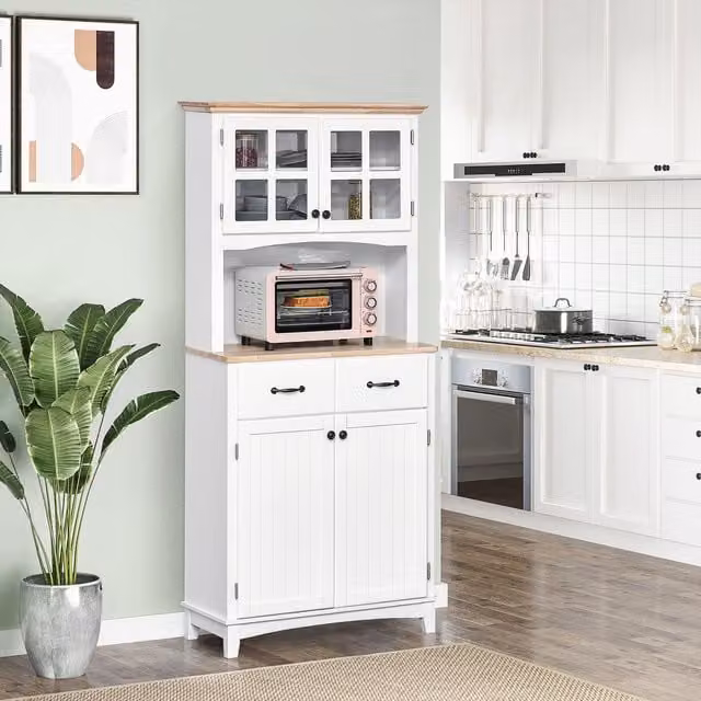 HOMCOM Coastal Style Kitchen Cupboard and Microwave Stand in White with Glass Doors and Internal Storage