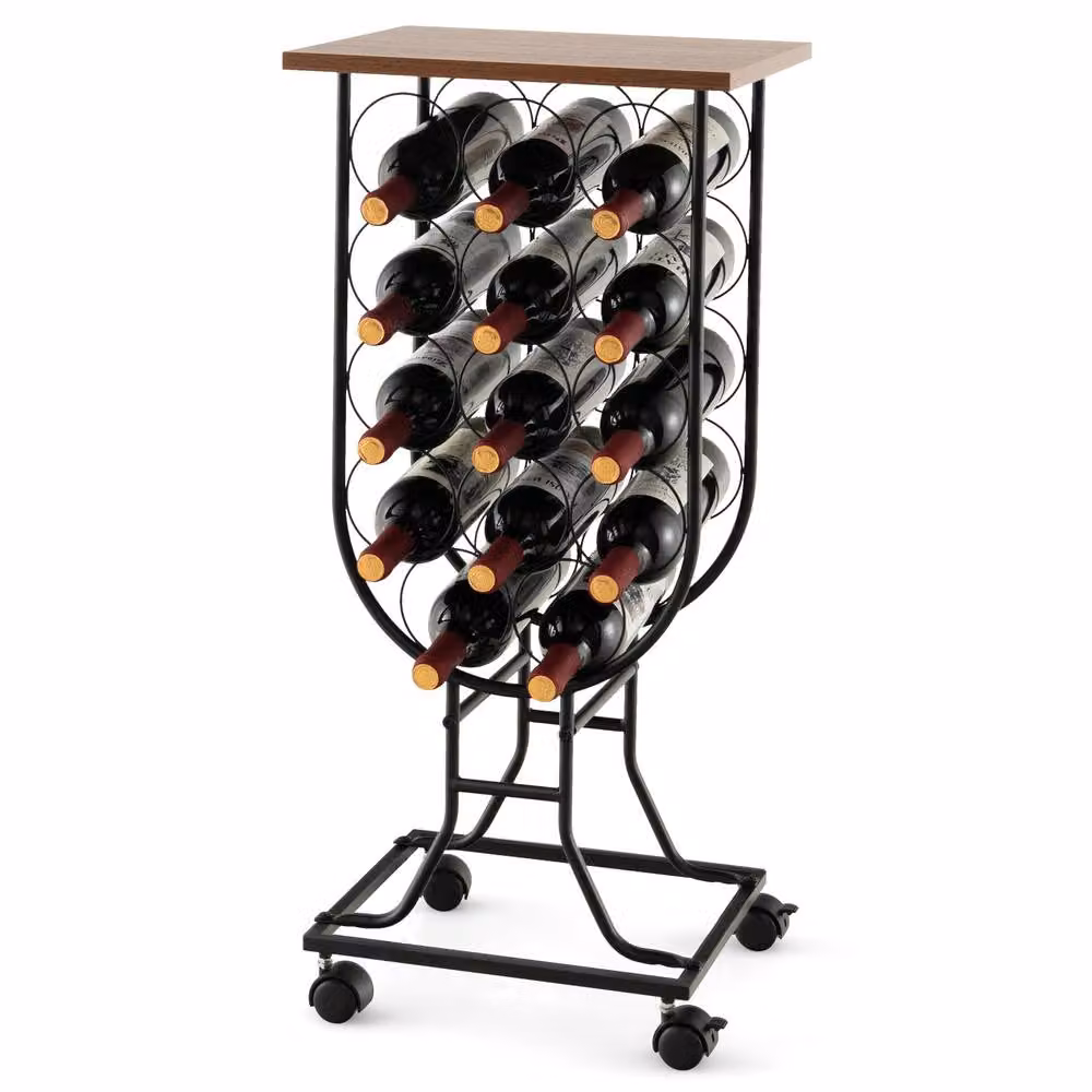 Gymax Rustic Black Wine Rack with Wheels, 14 Bottle Storage Organiser – 7