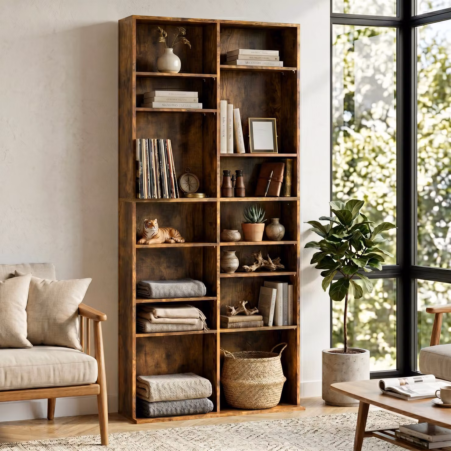 HOMCOM 640 CD Storage Tower in Rustic Brown with Adjustable Shelves and Media Compartments, H 175.0 x W 78.5 x D 26.0 cm – 8