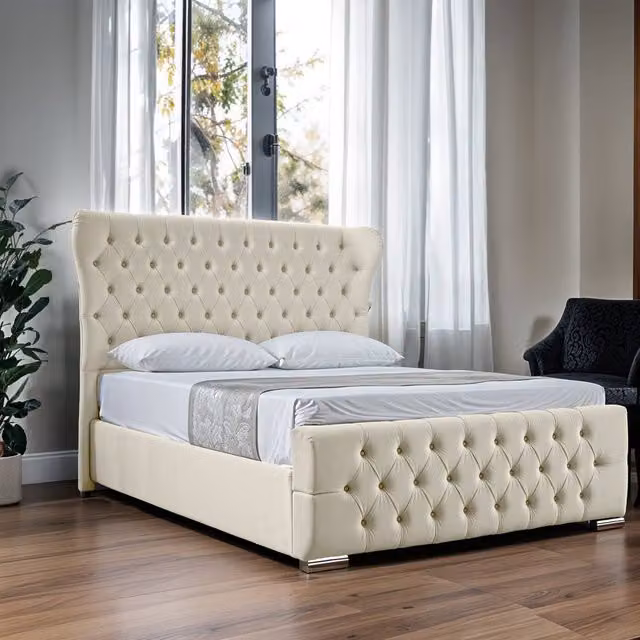 UK Bed Furniture Isabella Ottoman Gas Lift Upholstered Bed with 48 Inch Wing Headboard in Beige, W/D/H: 90 x 190 cm – 1
