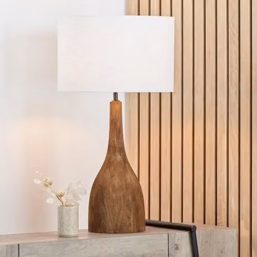 Ruma Mango Wood Curved Table Lamp Base with Brown Linen Drum Shade