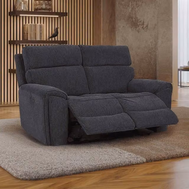 Furnishings For Less UK Lois Electric Reclining 2 Seater Fabric Sofa in Midnight Black with USB Charging Ports