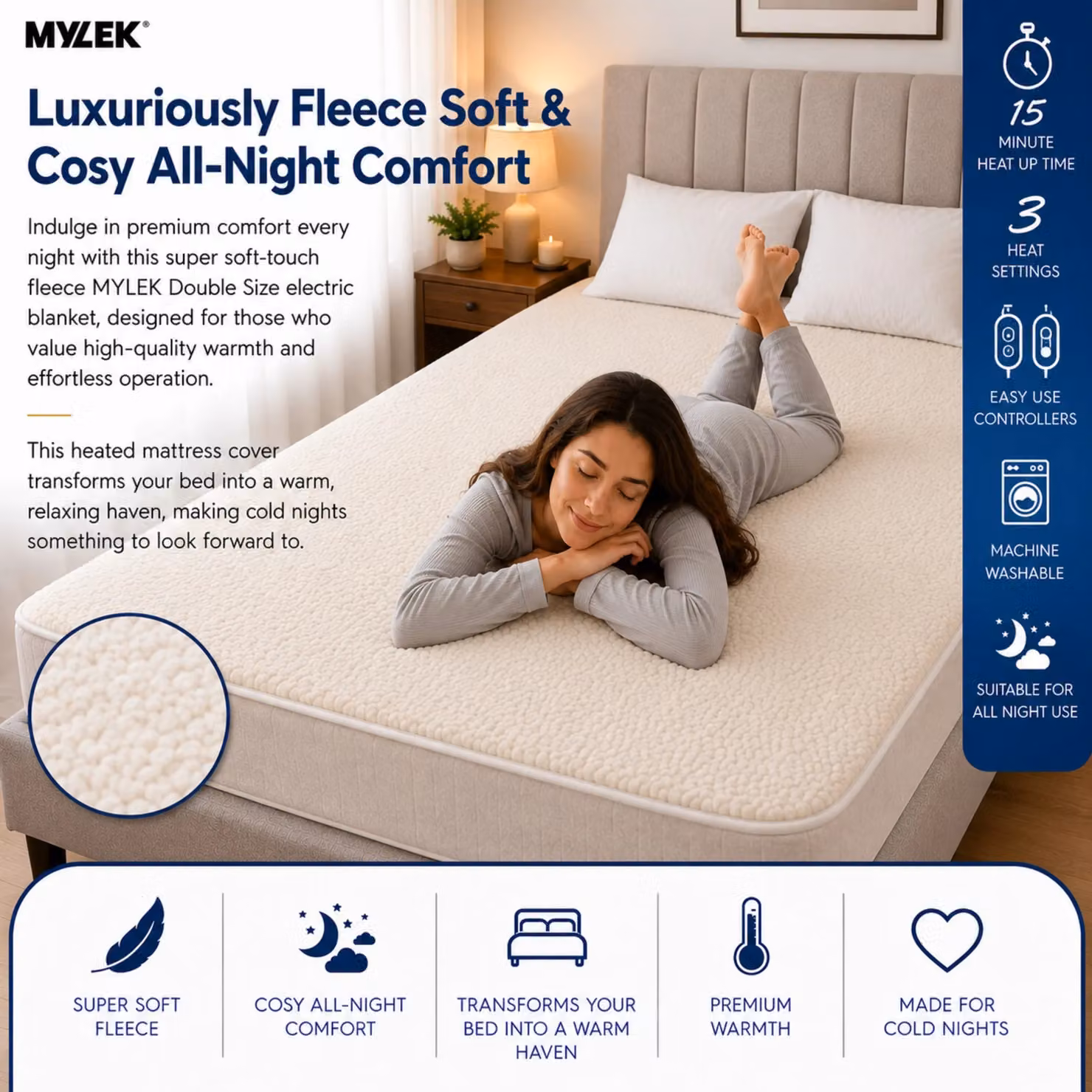 MYLEK White Fleece Electric Heated Fitted Mattress Cover, King Size, 180 x 200 cm – 7