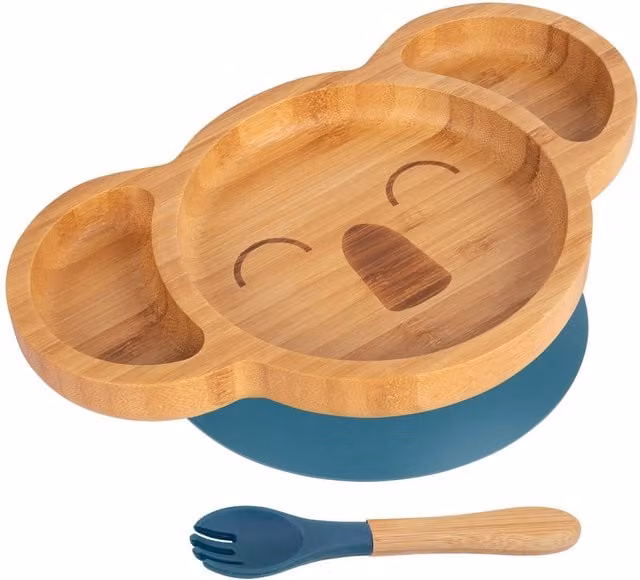 Tiny Dining Bamboo Koala Baby Weaning Divided Plate and Fork Set in Blue