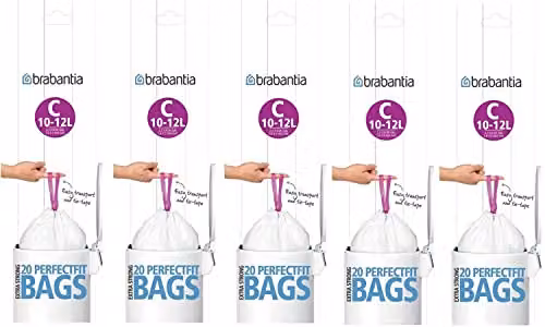 Brabantia Heavy Duty Perfect Fit Bin Liners, White, 10-12 Litre (5 Packs of 20)