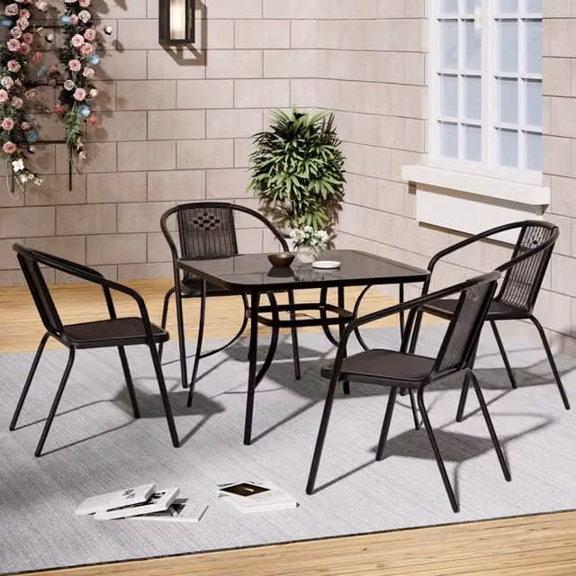 Livingandhome 4 Seater Bistro Set in Black with Square Glass Table and Stacking Chairs, W/D/H: 105 x 105 x 75 cm