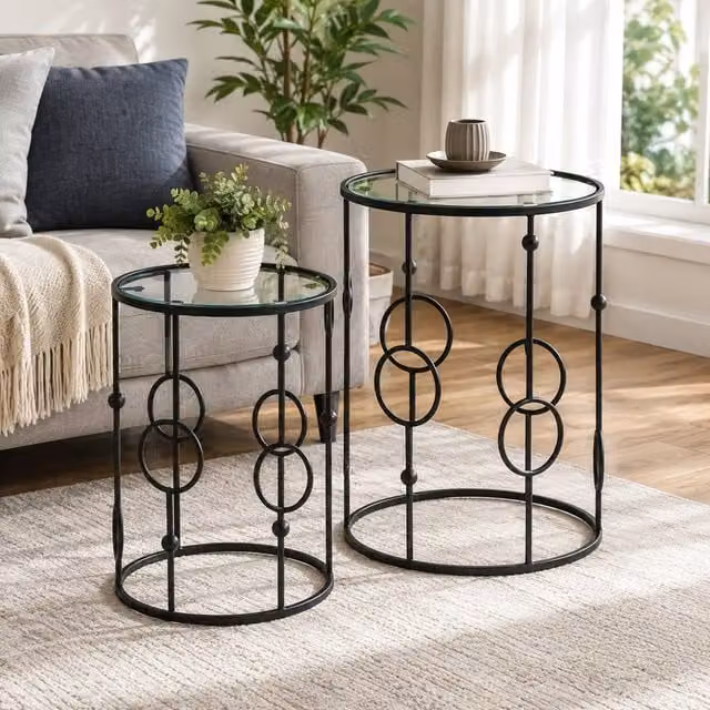 STILVORA Nesting Round Coffee Table Set of 2 with Black Glass and Metal Tops
