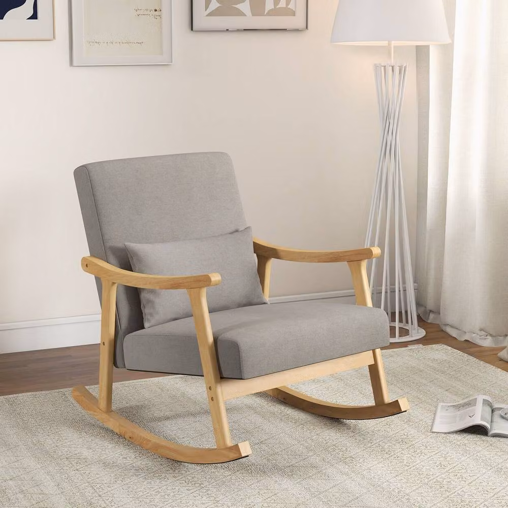 Costway Scandinavian Upholstered Wooden Rocking Accent Chair with Rubberwood Armrests in Beige or Grey – 3