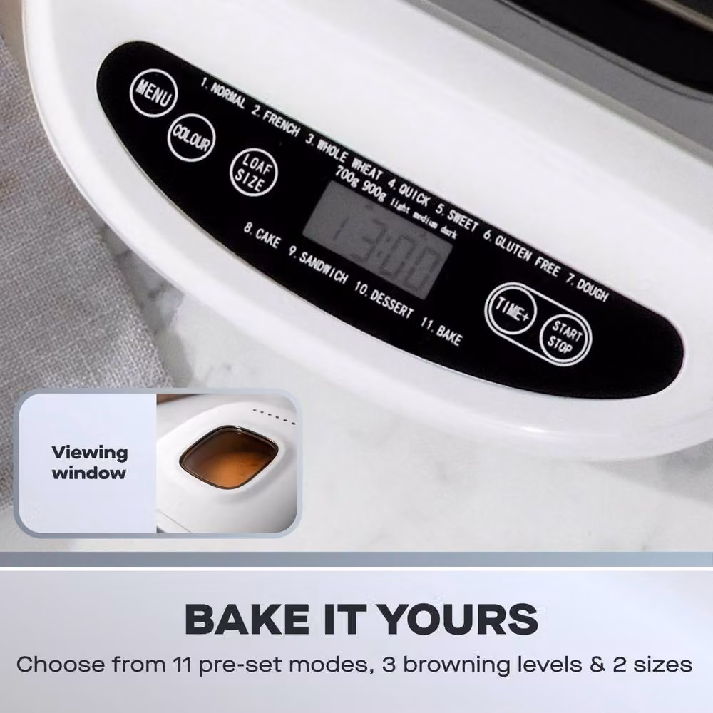 Daewoo White Bread Maker Machine with 11 Programs, Timer and Gluten Free Setting, 700g/900g Capacity – 3