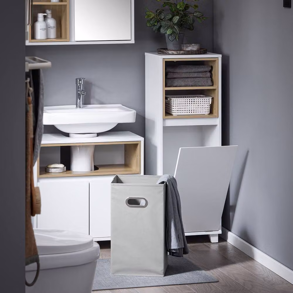 SoBuy Storage Laundry Cabinet with Basket and Open Shelf, White, Height: 105 cm – 6