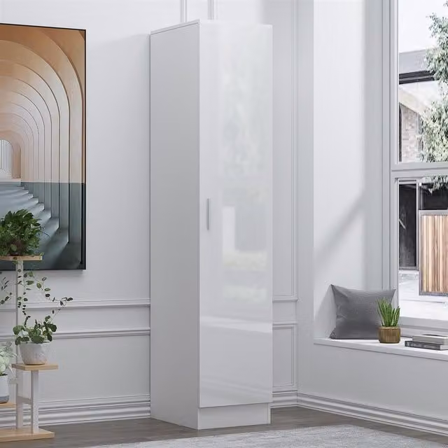 Reflect 1 Door High Gloss Wardrobe in White with Soft Close Doors and Internal Shelving and Hanging Rail, H 180 x W 47 x D 38 cm