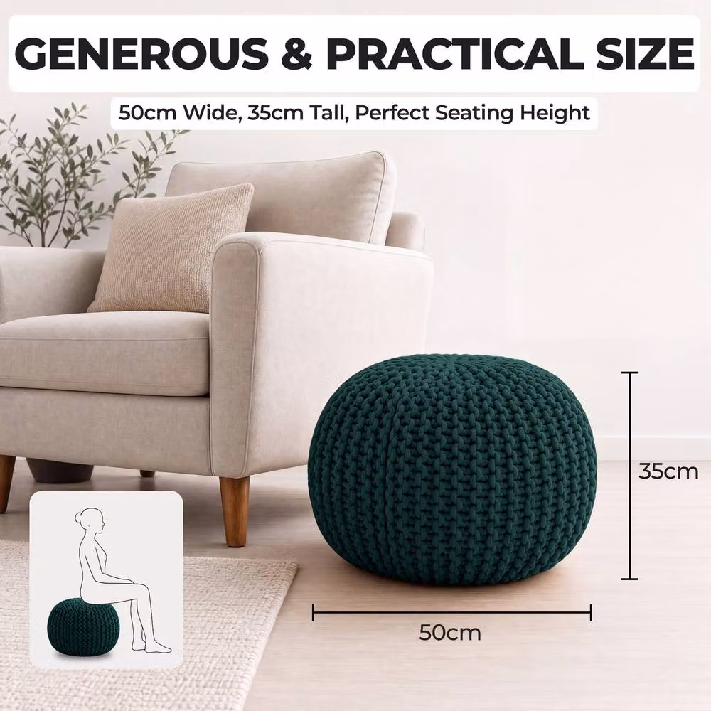 Bravich LTD Chunky Knitted Cotton Pouffe Footstool in Dark Green, Diameter: 50 cm – 7