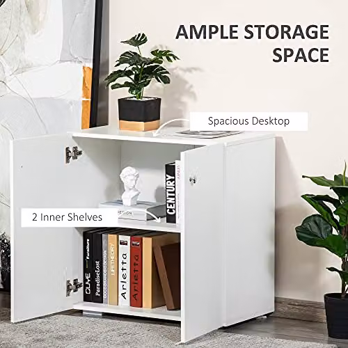 HOMCOM Modern White Wooden Freestanding Sideboard Cabinet with Two Shelves and Door, W/D/H: 70 x 39 x 70 cm – 3