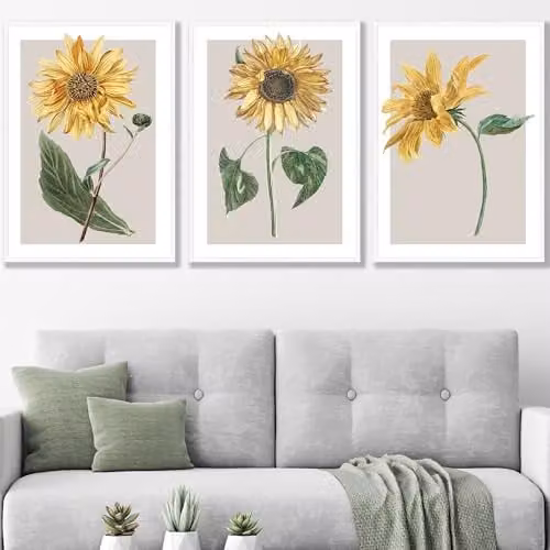 ARTZE Set of 3 Vintage Sunflower Botanical Paper Posters in Yellow and Beige, W: 42 cm, H: 59.4 cm