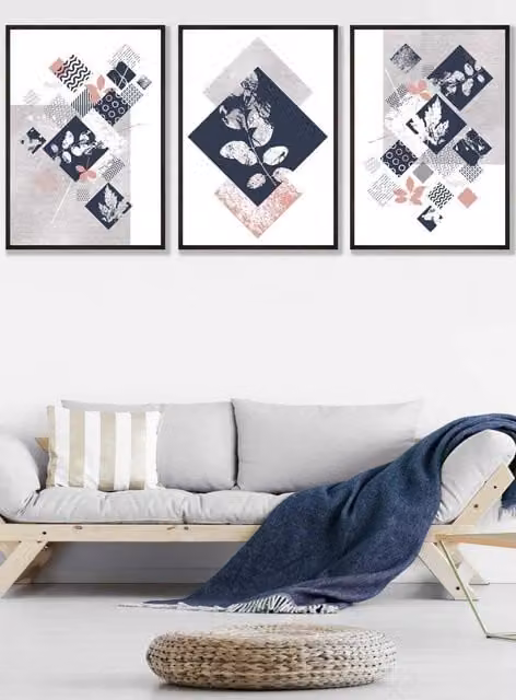 ARTZE Set of 3 Modern Abstract Floral and Botanical Wall Art in Blue, Grey and Pink with Black Frames, W: 33 cm, H: 45 cm, D: 2 cm
