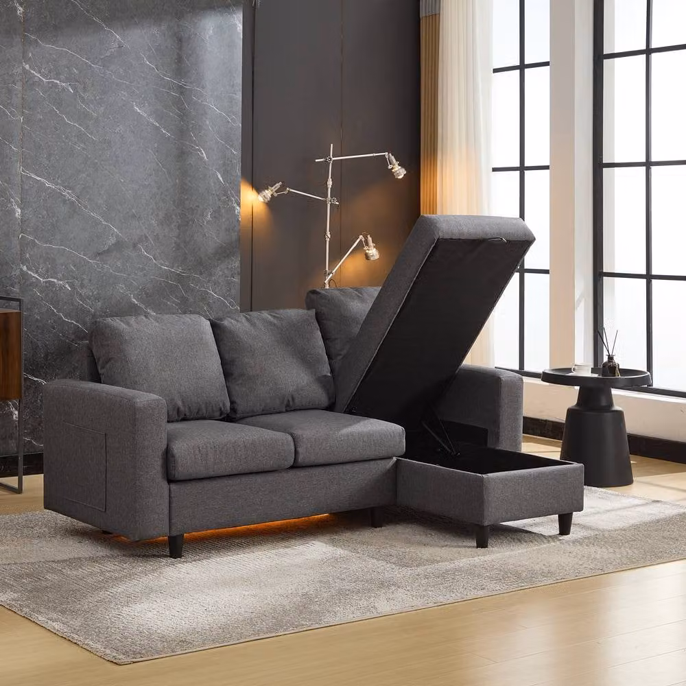 Merax 3-Seater Reversible L-Shape Corner Sofa in Grey with LED Lighting, USB Charging and Pull-Out Drawer, W/D/H: 180 x 120 x 72 cm – 2