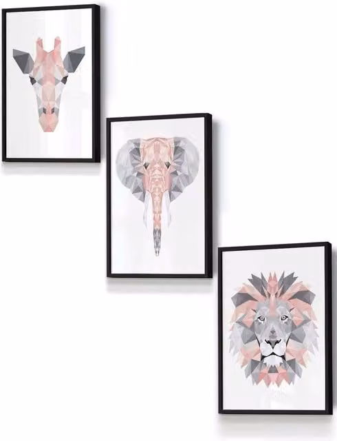 ARTZE Geometric Pink Grey Jungle Animal Heads Framed Wall Art in Black, W33 x H45 x D0.2 cm