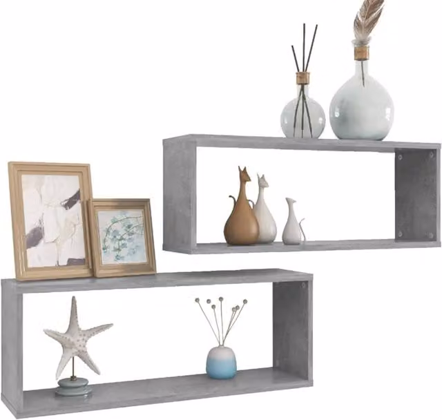Berkfield Home Wall Mounted Cube Shelf Set of 2, Concrete Grey, W: 60 cm, D: 15 cm, H: 23 cm