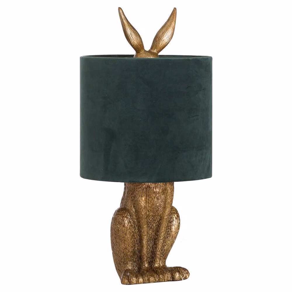 Wyld Haus Belves Antique Gold Hare Table Lamp with Green Velvet Shade – 2