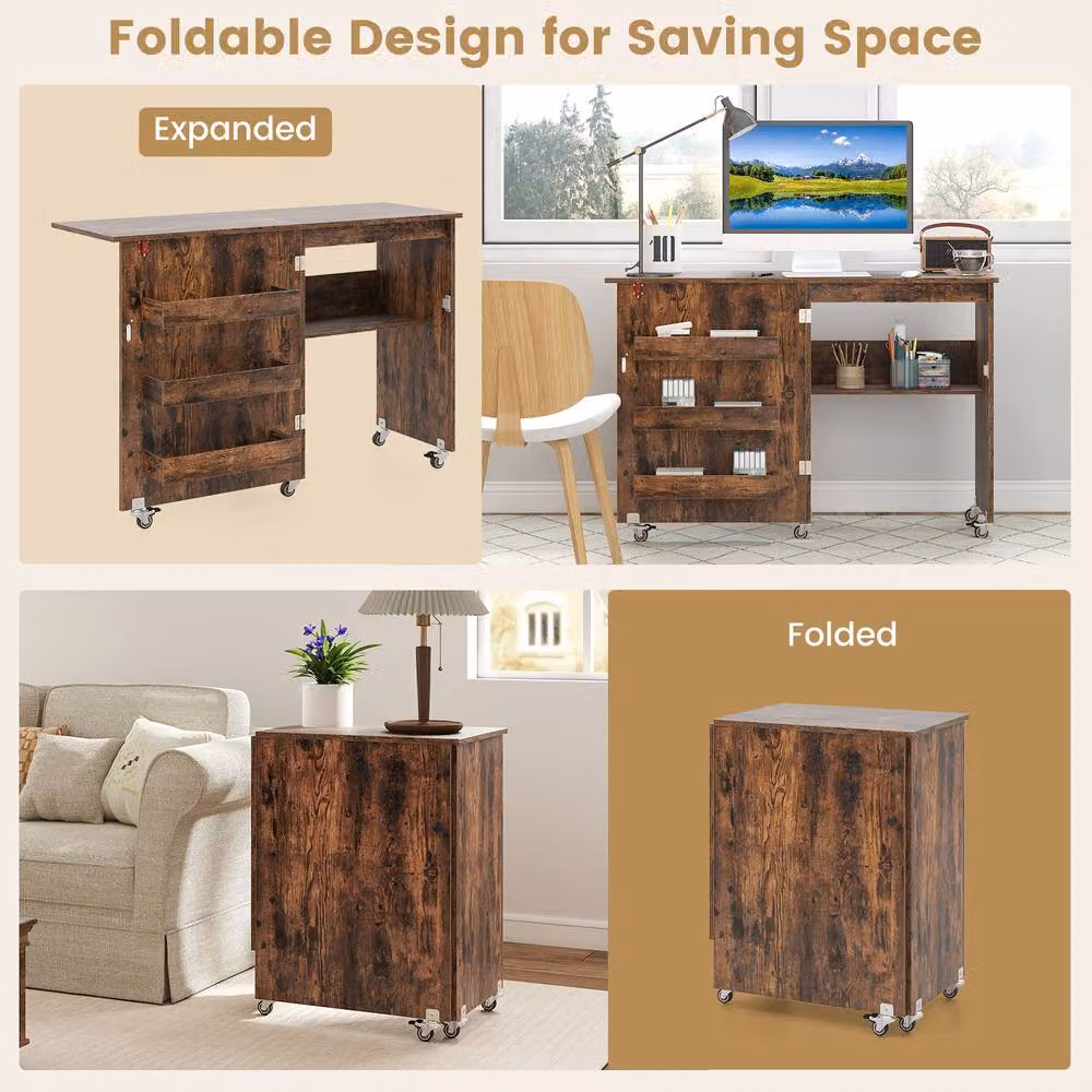 Costway Folding Sewing Table and Mobile Sewing Machine Desk with Castors, Brown – 10