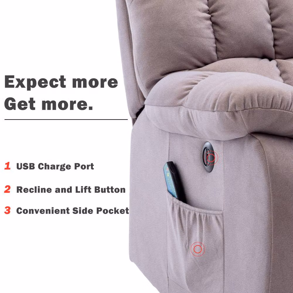 Rolipo Fabric Power Lift Recliner Chair with Massage and Heat in Beige – 6