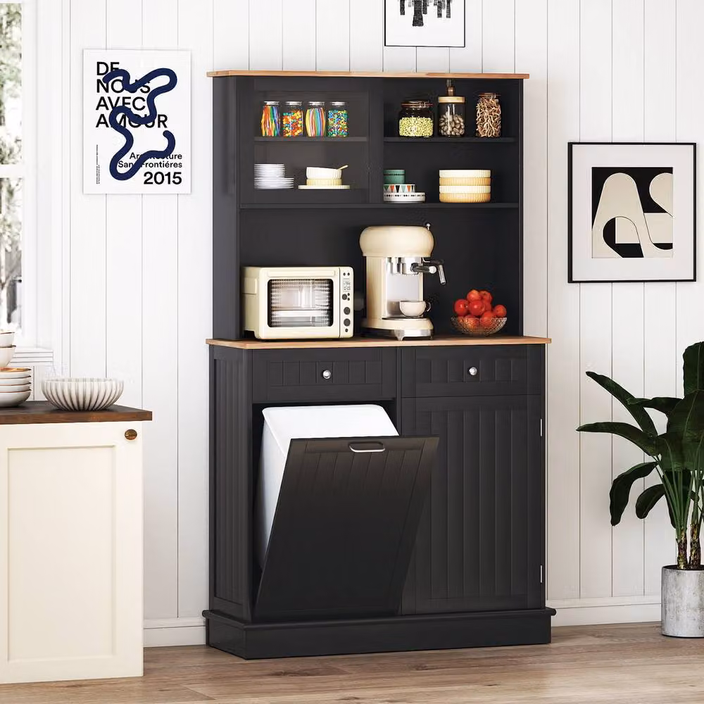 Costway Double Tilt Out Trash Cabinet with Hutch Kitchen Pantry Storage Cabinet in Black – 3