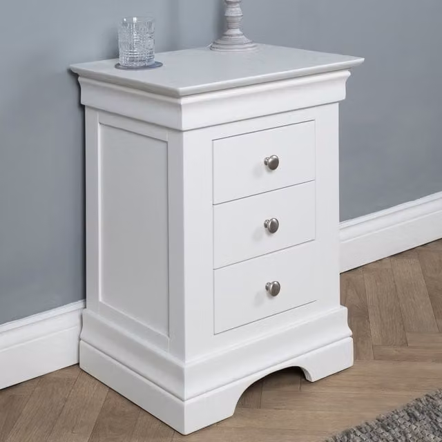 Elm Home and Garden 3 Drawer White Lacquered Wood Bedside Nightstand