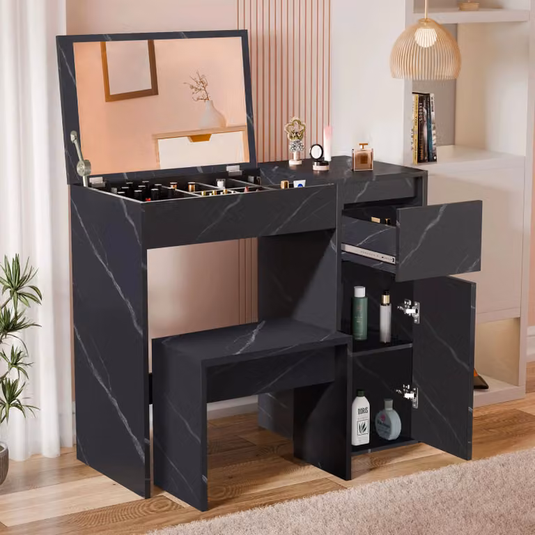 DHS Black Marble Flip-Up Mirror Dressing Table with Storage and Stool, W/D/H: 109 x 40 x 40 cm