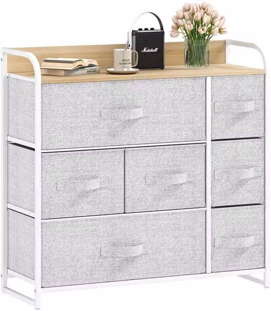 FORGEVIO Grey Fabric Chest of Drawers, W/D/H: 85.5 x 34 x 16 cm
