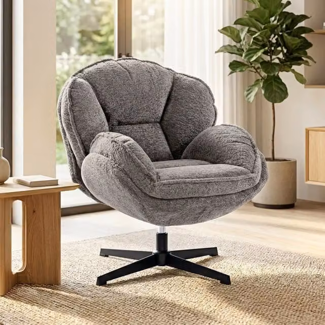 HOMCOM Modern Grey Bouclé and Velvet Swivel Tub Accent Chair with Armrests
