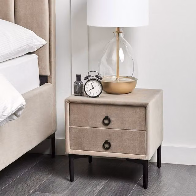 Wyld and Coco Taupe Velvet Bedside Table with 2 Drawers and Black Metal Legs in Beige – 1