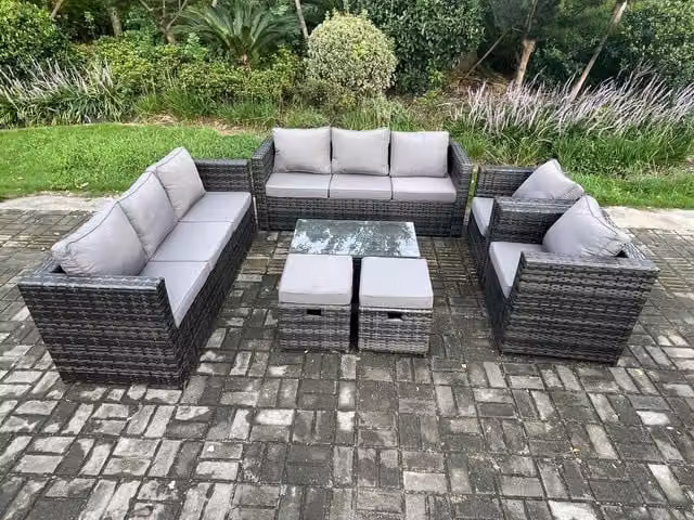 Fimous Dark Grey PE Rattan Garden Furniture Set with 3-Seater Sofa, 2 Armchairs, Oblong Coffee Table and 2 Footstools