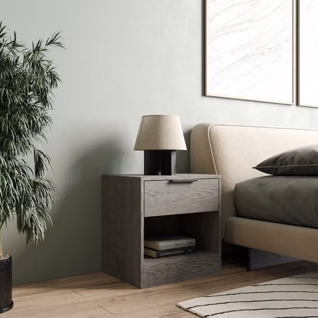 URBNLIVING Minimalist Wooden Bedside Cabinet with Shelf in Petrol Grey Oak Finish, Width: 46.5 cm