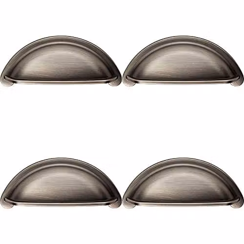 4 Pack Brushed Grey Metal Cabinet Cup Pull Handles, W: 9.4 cm, H: 4.15 cm, Fixing Centres: 7.6 cm – 1