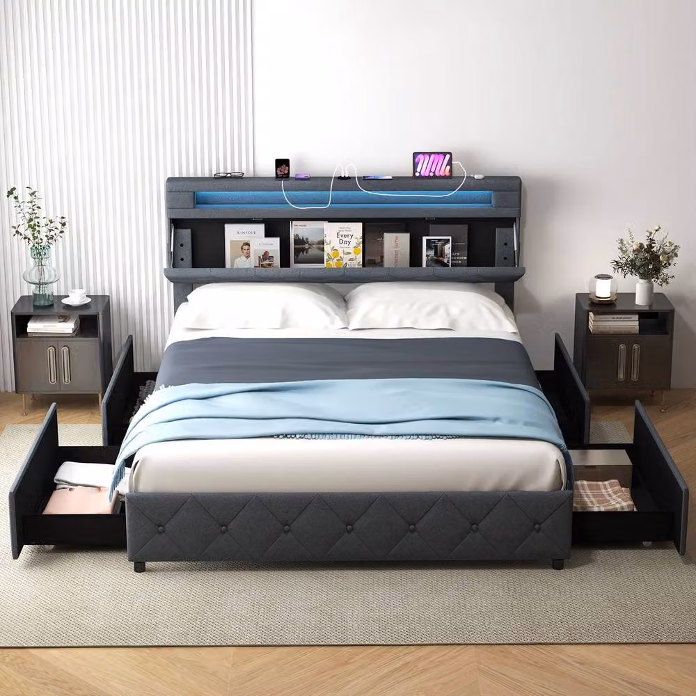 Gymax King Size Upholstered Bed Frame in Grey with LED Under-Bed Lighting, USB Charging Port and Storage Drawers, W/D/H: 180 x 200 cm – 2