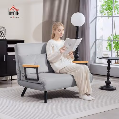HOMCOM 2 Seater Click Clack Sofa Bed in Grey Velvet Fabric with Metal Frame and Scatter Cushions – 2