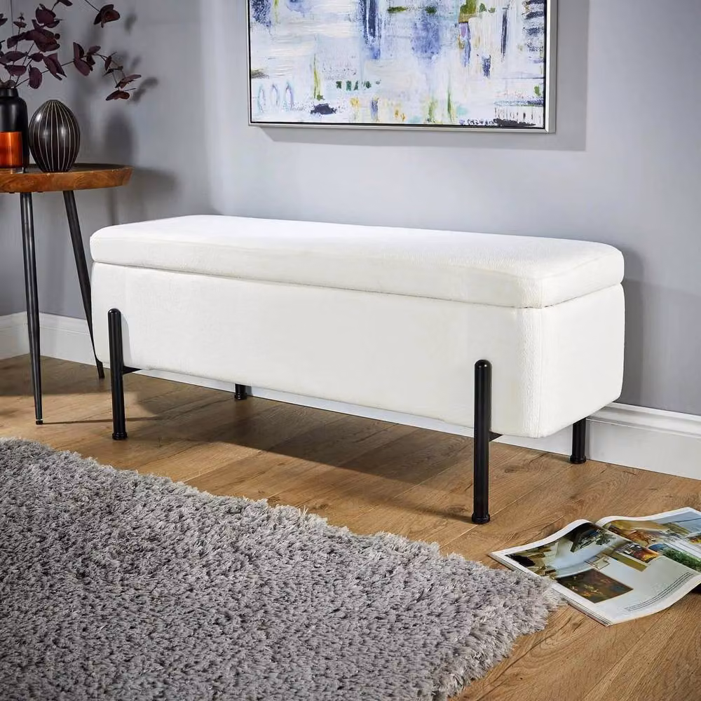 FORGEVIO Modern Bouclé Storage Ottoman Bench with Metal Legs in White and Grey – 3