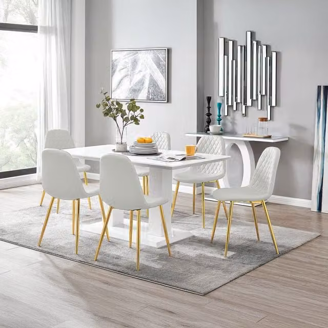 FurnitureboxUK Imperia White High Gloss Rectangular Dining Table and 6 Corona Gold Leg Chairs Set