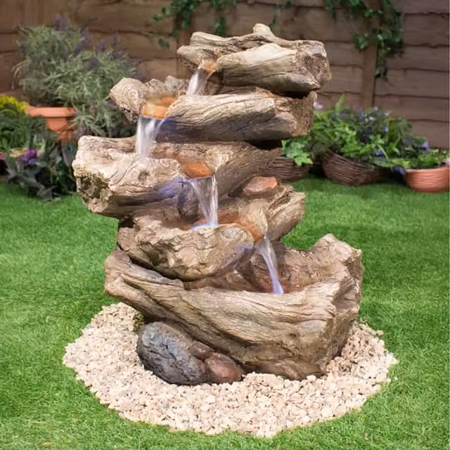 Primrose Nebraska Falls 4-Tier Log Cascade Water Feature with Lights in Brown