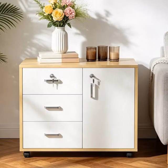 EONLION 3 Drawer Mobile File Cabinet with Lock and Castors in White – 1