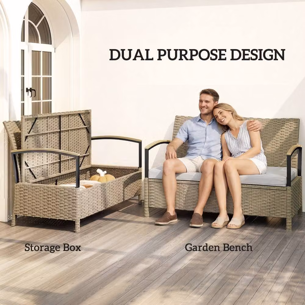 Outsunny 125L 2 Seater Garden Storage Bench in Beige PE Rattan with Metal Frame – 3